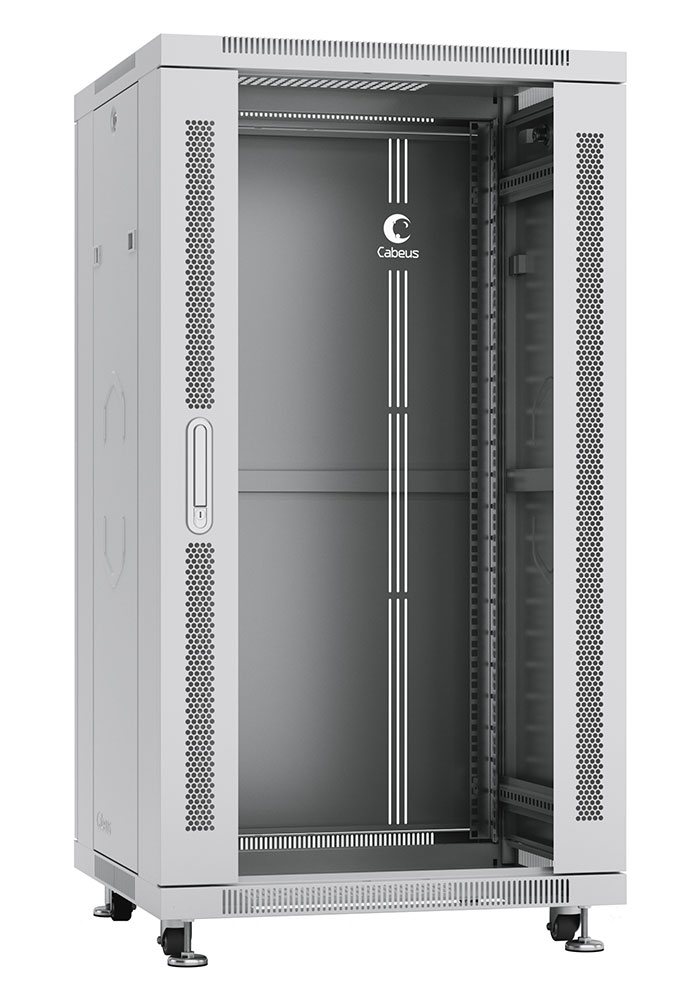 Шкаф напольный, дверь стекло, 22U, ручка с замком, 600x600x1166 мм, серый/черный Cabeus SH-05C-22U60
