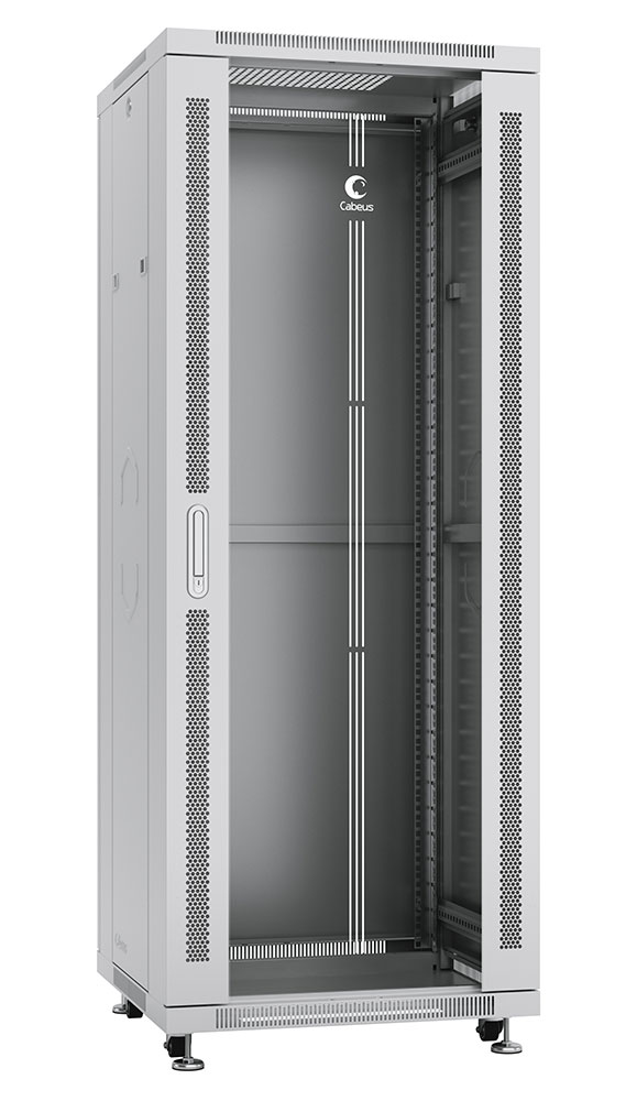 Шкаф напольный, дверь стекло, 32U, ручка с замком, 600x600x1610 мм, цвет серый/черный, Cabeus SH-05C